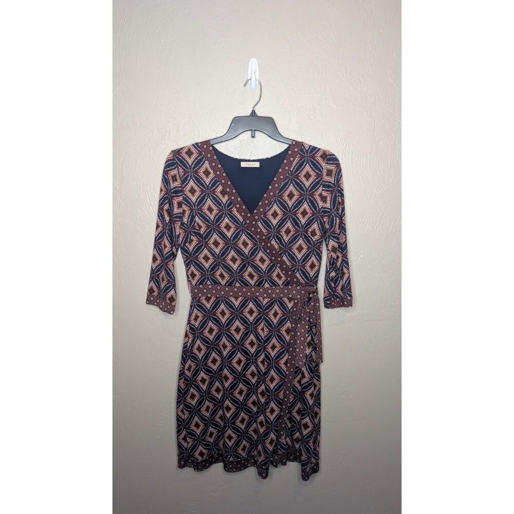 Gilli Womens Large Red Blue Geometric 1/2 Sleeve V-Neck Faux Wrap Dress